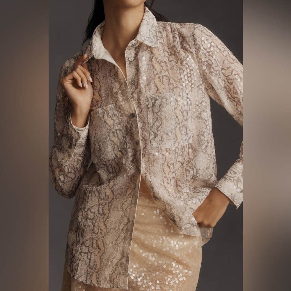 NWT Anthropologie Printed Sequin Sheer Buttondown Shirt Size LP Large Petite NEW